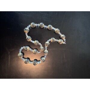 Vintage Lampwork Art Glass Bead Necklace Tan Black Feathered Stripe AB Crystal
